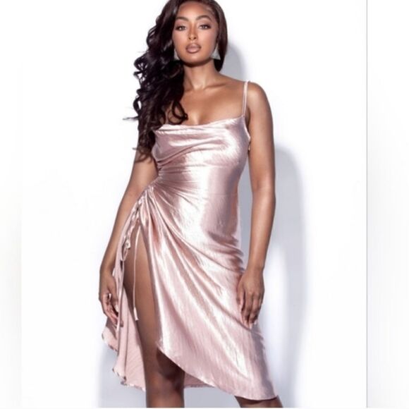 Miss Circle Montego Ruched Satin Side Slit Dress - Picture 9 of 11